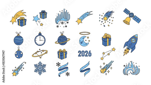 Celestial Holiday Elements: A collection of festive, hand-drawn illustrations depicting stars, gifts, and cosmic objects, perfect for adding a touch of whimsy and wonder to any project.