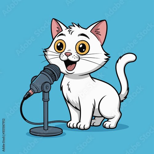 A cartoon white cat sings enthusiastically into a microphone on a blue background.