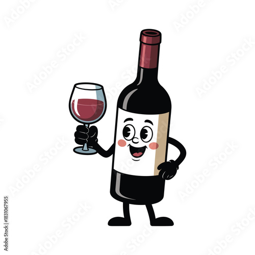 A smiling cartoon bottle of red wine holds a glass of wine.