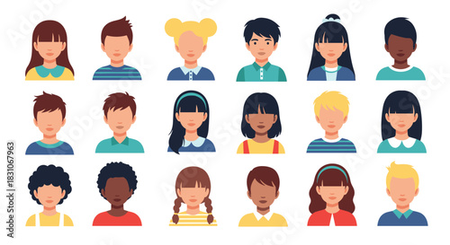 Large set of diverse and multicultural children's avatars with different hairstyles and clothing for profile pictures or icons.