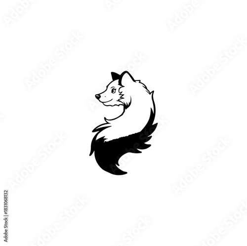 Stylized black and white fox silhouette with swirling tail