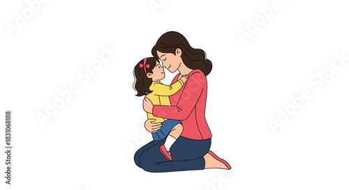 A loving mother kneels on the floor to give her young daughter a warm and affectionate hug showing a strong family bond.