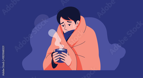 A sick young man wrapped in a warm blanket holds a mug of hot tea or coffee to help him feel better from a cold or flu.