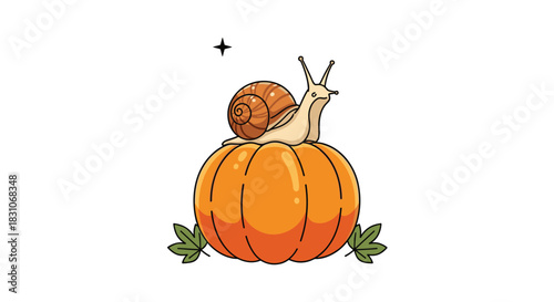 A cute and whimsical cartoon snail with a brown shell sits on top of a large orange pumpkin for a fun autumn or Halloween scene.