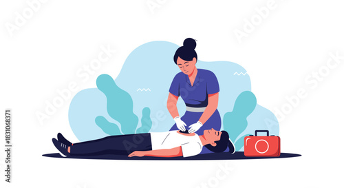 Female paramedic performing cardiopulmonary resuscitation on an unconscious man lying on the ground with a first aid kit nearby.