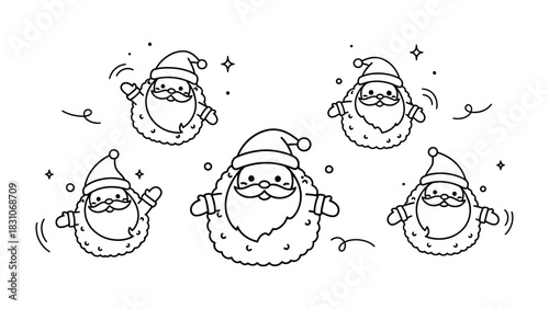 Flying Santa Claus Outline: A playful illustration depicts a group of cartoon Santas in mid-air, spreading holiday cheer and whimsical vibes with outline graphic.
