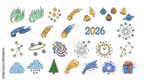 Celestial Celebration: A collection of festive illustrations, including stars, comets, ornaments, and holiday elements, alluding to the approach of the year 2026. 