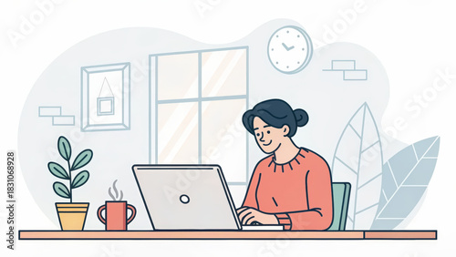 Calm home office remote worker typing on laptop, cozy workspace with plant, mug, window, clock, minimalist decor, focused mood