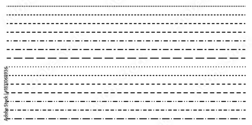Straight dash lines. Horizontal dotted borders. Set of long stripe dividers.