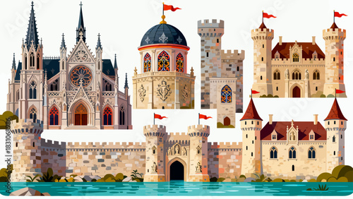 This vibrant illustration displays a collection of diverse, ornate castles in a colorful, whimsical style, showcasing medieval-inspired architecture.