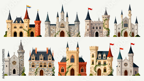 This vibrant illustration displays a collection of diverse, ornate castles in a colorful, whimsical style, showcasing medieval-inspired architecture.