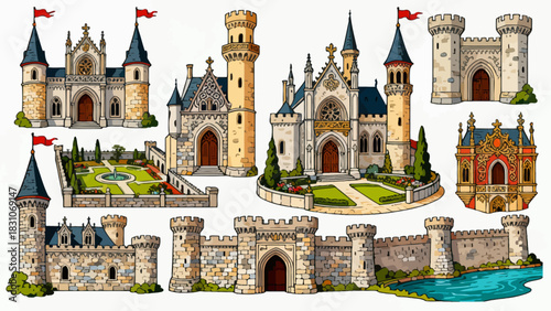 This vibrant illustration displays a collection of diverse, ornate castles in a colorful, whimsical style, showcasing medieval-inspired architecture.