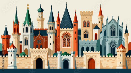 This vibrant illustration displays a collection of diverse, ornate castles in a colorful, whimsical style, showcasing medieval-inspired architecture.