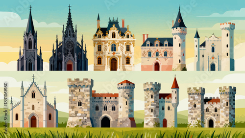 This vibrant illustration displays a collection of diverse, ornate castles in a colorful, whimsical style, showcasing medieval-inspired architecture.