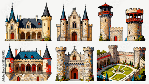 This vibrant illustration displays a collection of diverse, ornate castles in a colorful, whimsical style, showcasing medieval-inspired architecture.
