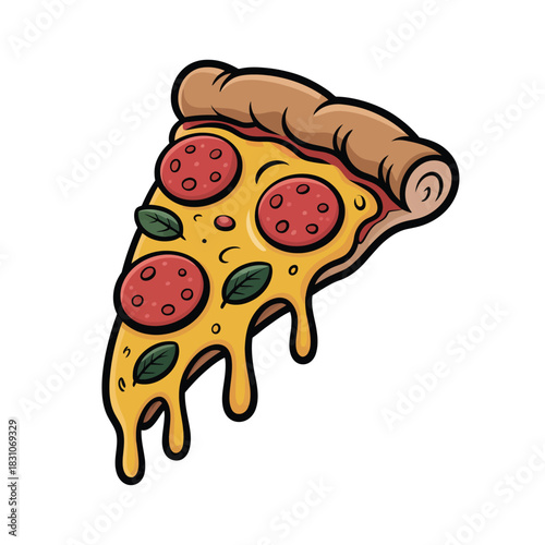 A delicious slice of pepperoni pizza with melting cheese and basil is ready to be eaten.