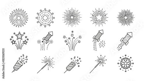 Festive Fireworks: A collection of meticulously crafted, elegant line drawings of fireworks, capturing the joyous spirit and dynamic bursts of celebratory pyrotechnics.