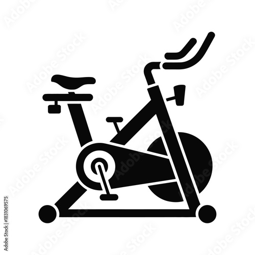 A silhouette of a stationary exercise bicycle is shown against a white background.