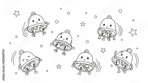 Festive Jingle Bells in a Whimsical Dance: An array of adorable, animated bells, each radiating joy and merriment as they dance gracefully against a backdrop of whimsical stars.
