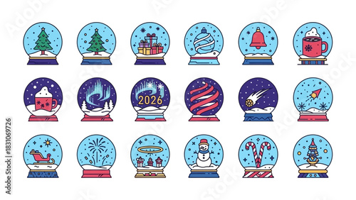 Snow Globe Collection: A collection of various enchanting snow globes featuring diverse miniature scenes, from festive winter landscapes to whimsical holiday elements.