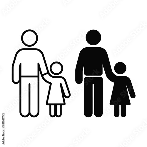 A father and daughter are depicted as stick figures in both outlined and solid black styles.