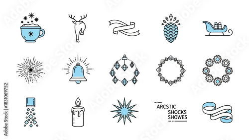 Whimsical Winter Wonders: A collection of charming, line-art illustrations brings the magic of winter to life. Featuring snowflakes, ornaments, a sleigh, and other seasonal elements.