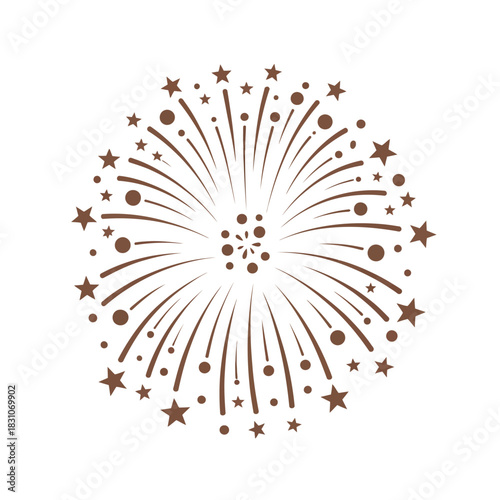 A festive brown firework bursts with radiating lines and stars against a white background.