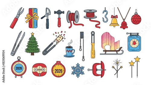 Festive Christmas Collection: An array of delightful, festive decorations and tools symbolizing the holiday spirit, offering a visual symphony of color, creativity, and cheer.
