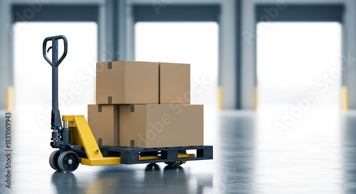 Pallet Jack with Boxes in Warehouse