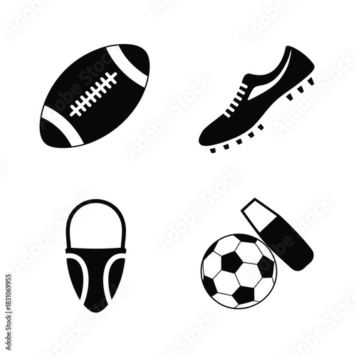 A collection of sports equipment including a football, soccer ball, shoe, and swim cap.