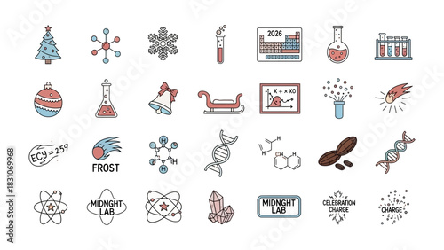Science and Holiday Collection: A vibrant assortment of scientific symbols, formulas, holiday symbols, including snowflakes, atoms, test tubes, molecule, Christmas decorations.