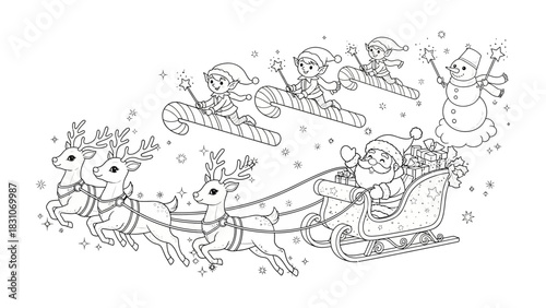 A Whimsical Christmas Journey: A festive illustration of Santa Claus riding a sleigh pulled by reindeer, accompanied by playful elves and a charming snowman, all soaring through a starlit night.