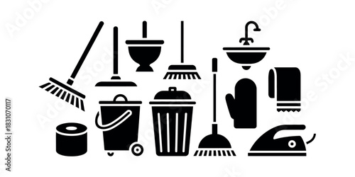 A collection of cleaning supplies and household items in black silhouette style