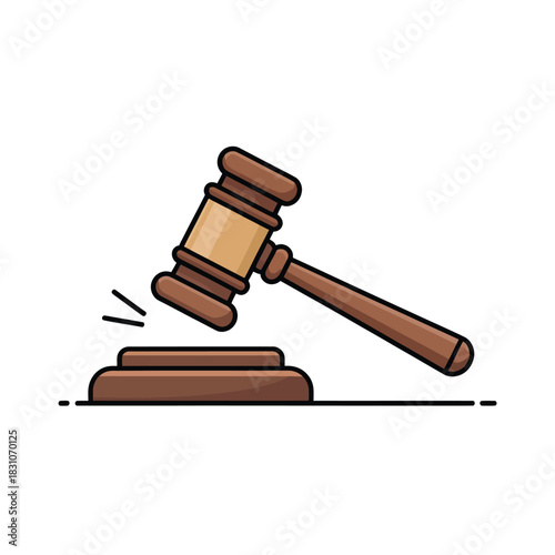 A wooden gavel strikes a sounding block in a courtroom setting.
