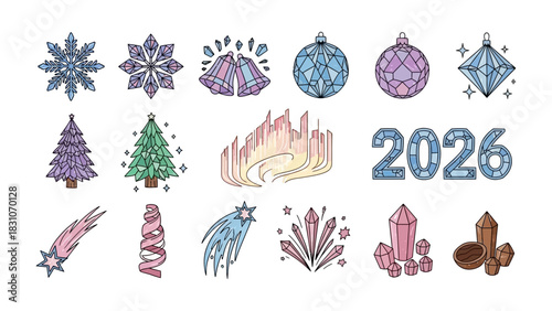 Festive Embellishments Collection: An assortment of beautifully designed ornaments including snowflakes, bells, Christmas trees, comets, crystals, and the year 2026.