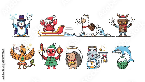 Festive Animated Friends: Adorable animated creatures, each adorned in holiday attire, bring the spirit of celebration with a touch of whimsical flair.