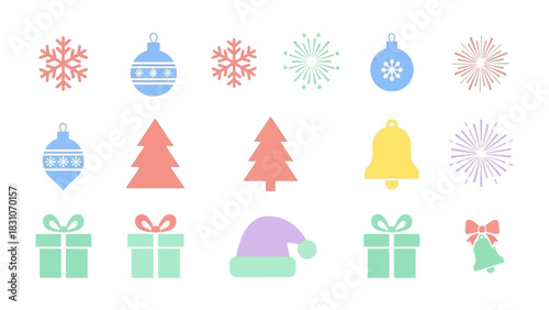 Festive Icon Set: A collection of delightful icons embodies the joy of the holiday season, from ornaments and snowflakes to gifts and festive bells.