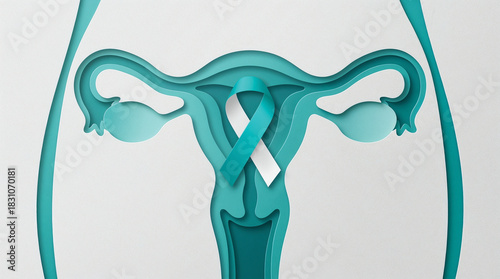 Cervical cancer teal and white awareness ribbon with women with ovaries papercut illustration. January awareness month