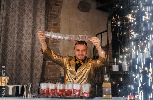 Bartender showcasing cocktail flair in a dazzling show