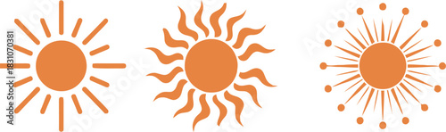 Stylized orange sun icons collection showing various creative designs for summer, warmth, energy, and weather symbols. Vector