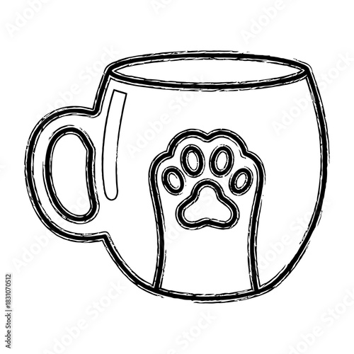 Line art coffee mug with paw print vector illustration