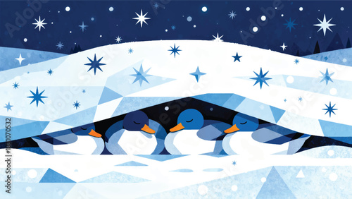 Illustration Of A Group Of Ducks Sleeping In A Blanket Of Snow With Many Star Motifs At Night Vector Design Template