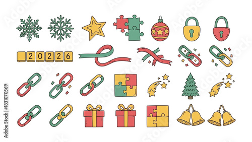 Festive Symbols of Christmas: An array of delightful, holiday-themed icons including a star, a jigsaw puzzle piece, ornament, padlock, link, gift, christmas tree, bell and ribbon.