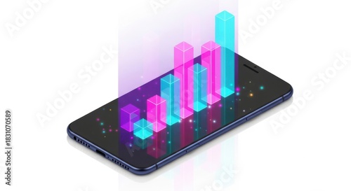 Wallpaper Mural Smartphone displaying vibrant growing bars chart with digital glitch effect illustration white background Torontodigital.ca