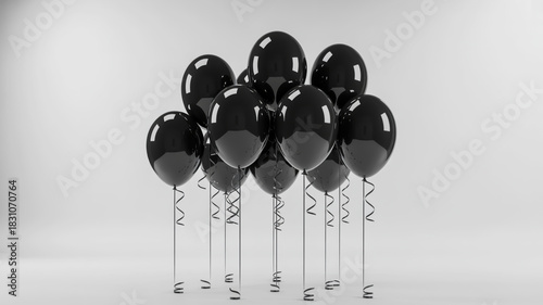 Elegant black balloons with curling ribbons on a white background