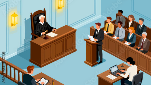 This isometric illustration depicts a formal courtroom setting where a judge presides at the bench, with lawyers, participants, and a jury seated in designated areas, all arranged around wooden furnit