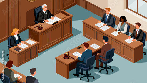 This isometric illustration depicts a formal courtroom setting where a judge presides at the bench, with lawyers, participants, and a jury seated in designated areas, all arranged around wooden furnit