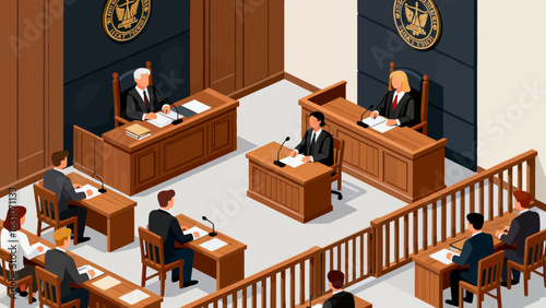 This isometric illustration depicts a formal courtroom setting where a judge presides at the bench, with lawyers, participants, and a jury seated in designated areas, all arranged around wooden furnit
