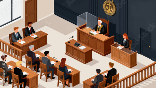 This isometric illustration depicts a formal courtroom setting where a judge presides at the bench, with lawyers, participants, and a jury seated in designated areas, all arranged around wooden furnit