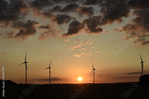 lever de soleil sur des éoliennes à contre-jour; ciel dégradé couleur bleue et orange avec des petits nuages cumulus blancs gris et noirs